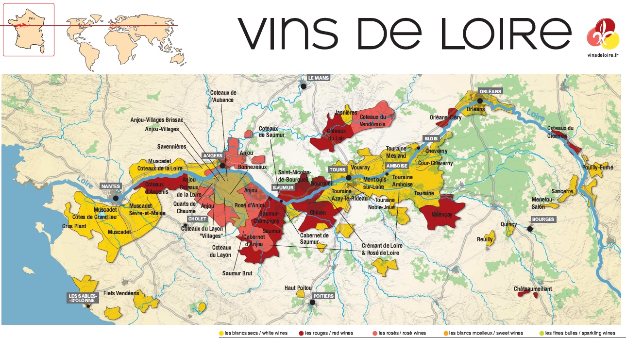 La carte de l\'appellation \"Vins de Loire\" redessinée par Interloire  après l\'intégration du muscadet breton : La fleur de lys a remplacé l'hermine sur les étiquettes. On voit que les sous-appellations Cabernet d'Anjou ou du Haut-Poitou ou vins de Tour