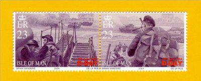 Un timbre poste de l\'Ile de Man montrant Bill Millin débarquant à 
Sword beach. Bill a aussi joué son propre rôle dans le film Le jour le plus long