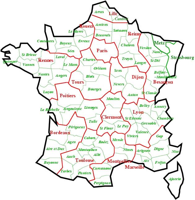 Les provinces écclésiastiques en France. Une Normandie 
réunifiée mais une Bretagne fondue dans un Grand-Ouest. 
Carte de 2002 (source wiki)