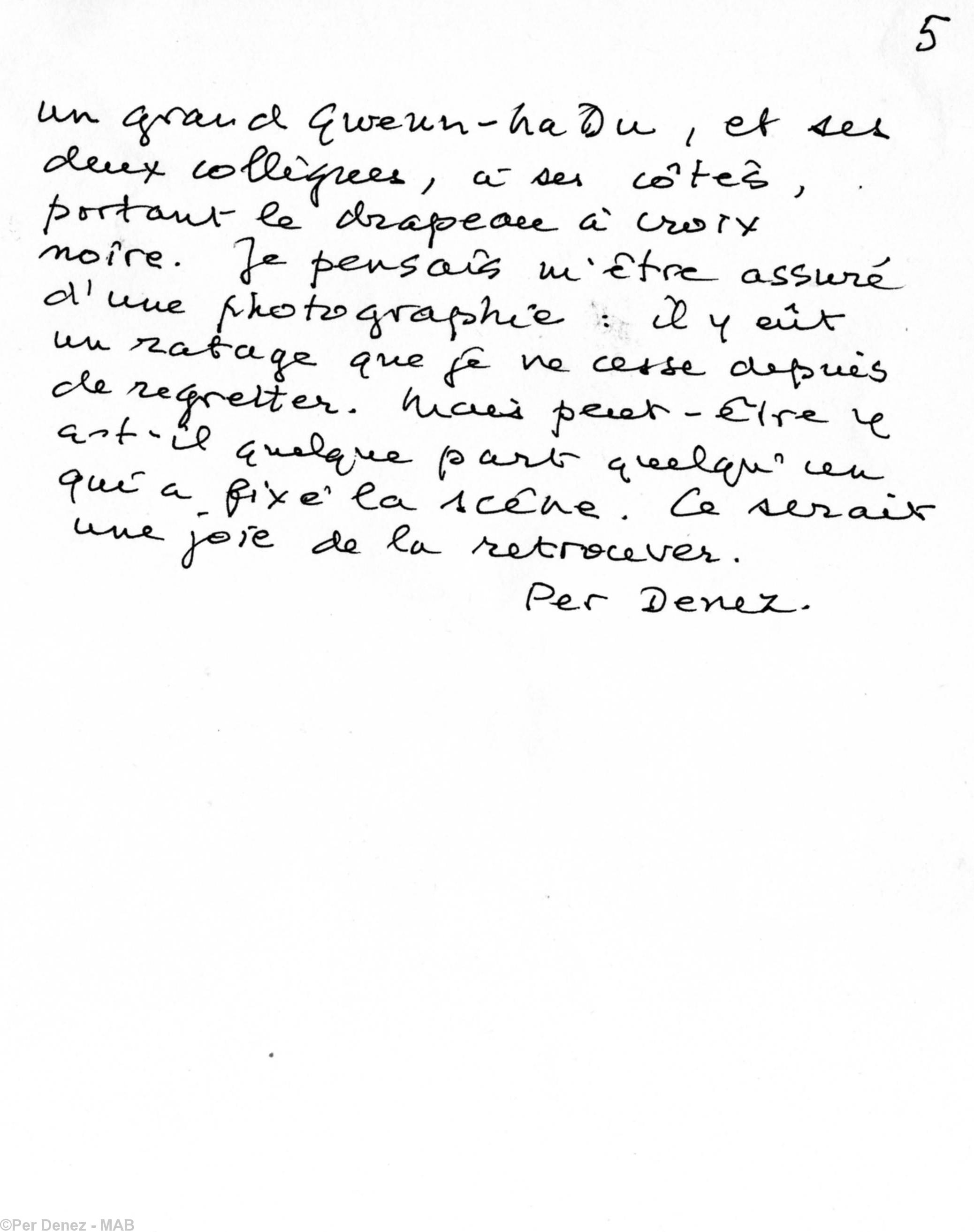 Cinquième page de la lettre de Per Denez Cinquième page de la lettre de Per Denez
