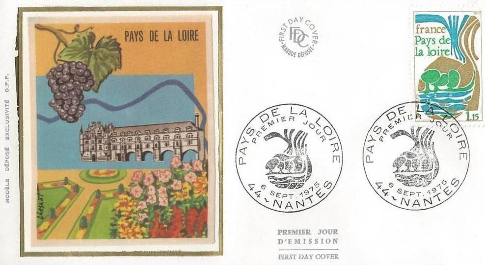 L\'enveloppe premier jour du timbre célébrant la 
création de la région Pays de la Loire en 1975. Sur le dessin, le château de Chenonceau, qui n'est même pas dans la région PDL mais en Touraine dans la région Centre !
