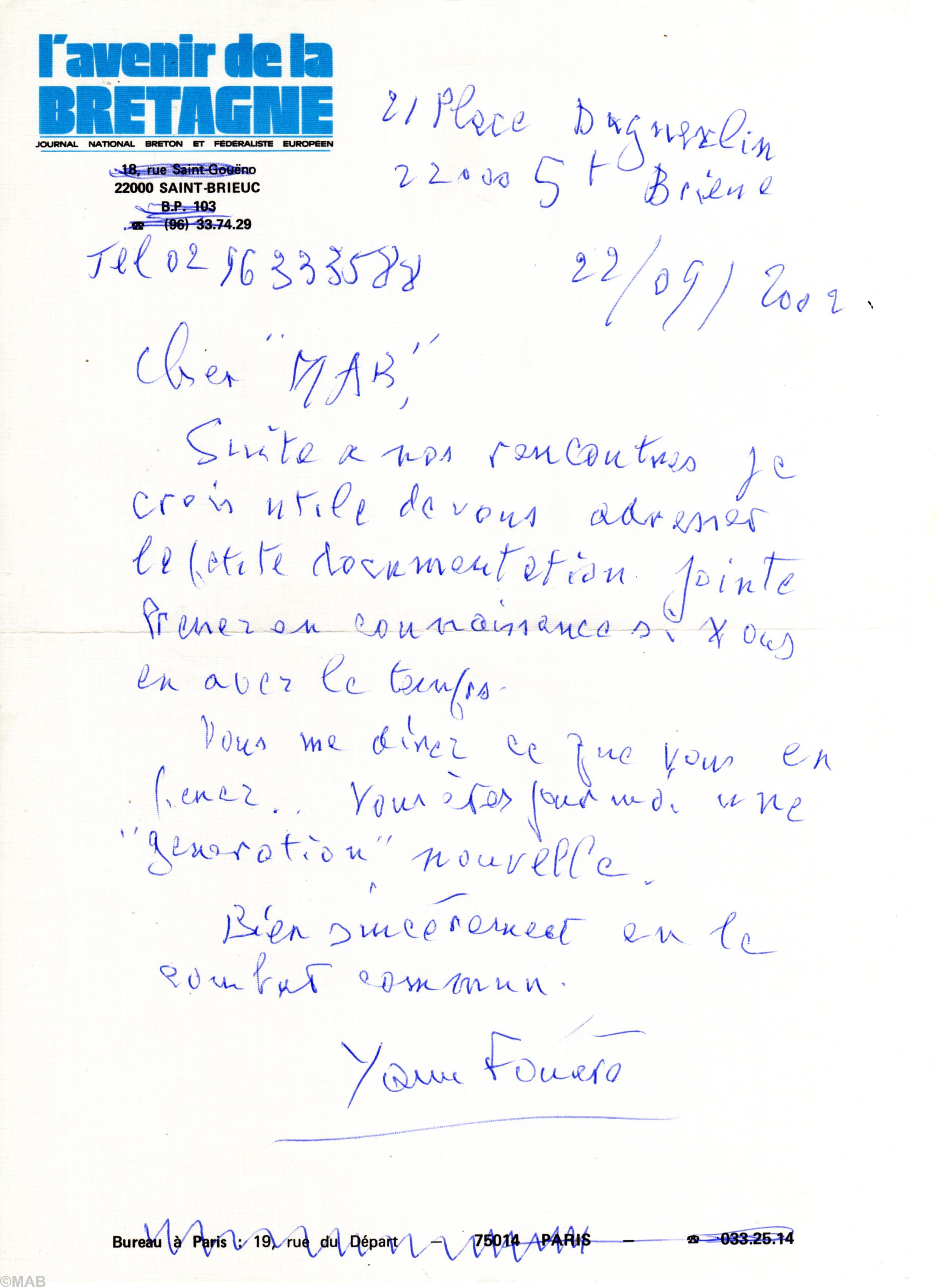 Lettre du 22/9/2002 de Yann Fouéré à MAB retranscrite en fin d\'article.