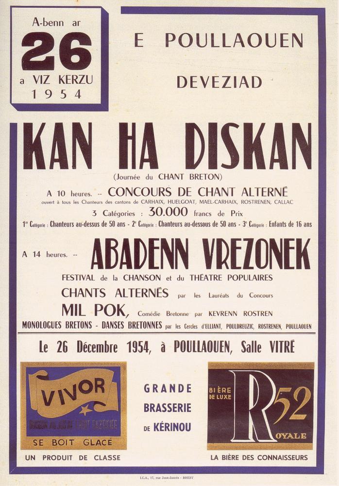 L\'affiche du premier fest-noz annoncé pour le 26 
décembre 1954 à Poulaouen.