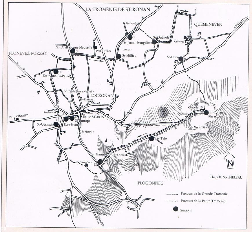 Locronan dans le Porzay avec représentation de la Montagne de Locronan et des parcours des troménies. Vient de “Tro Menez”, tour de la montagne en breton.