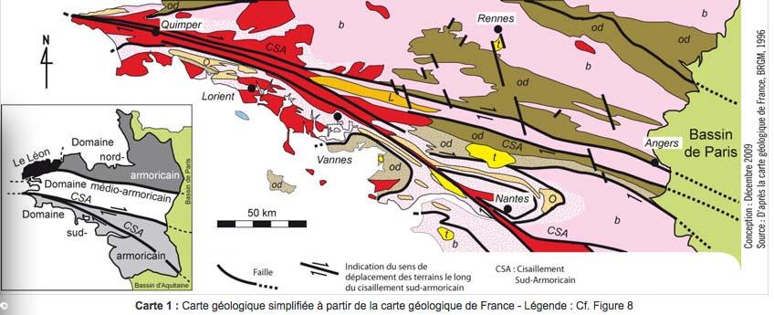 Quimper, Vannes et Nantes sont reliées par la même faille géologique. La faille, du nom de  "cisaillement  sud armoricain »,  va de Nantes à la pointe du Raz. La pointe du Raz étant le bourrelet crée par les frictions le long de cette faille.  Des vallées étroites  ou "stang" en breton jalonnent la faille, de la baie des trépassés, à la vallée du Jet près de Quimper ou les vallées utilisées par le TGV entre Quimper et Vannes.  La faille dont une des branches va jusqu&#8217;a Angers existe depuis 300 millions d&#8217;années. De nos jours, les tremblements de terre dus aux frictions le long de cette faille séparant les plaques tectoniques, armorique à l&#8217;est et ibérique à l&#8217;ouest, dépassent rarement 5 sur l&#8217;échelle de Richter. De même que l&#8217;Inde est un bout d&#8217;Afrique qui est venu buter contre l&#8217;Asie il y a 55 millions d&#8217;années pour former l&#8217;Himalaya, la plaque ibérique se serait échappée de l&#8217;Amérique il y a 400 millions d&#8217;années pour venir buter contre l&#8217;Eurasie et former le massif Hercynien. Le massif Armoricain est une des parties érodées des restes de cette Himalaya occidental. Les Cornouailles britanniques et l&#8217;extrême sud-ouest du Pays de Galles et de  l&#8217;Irlande aussi.