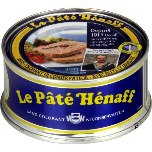 Photo du producteur des porcs d'un batch de boîtes de pâté Hénaff sur le dessus de la bôite