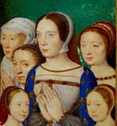 Portrait de famille retrouvé dans le livre d'heures de Catherine de Médicis. Au centre Claude, fille ainée d'Anne et de Louis XII, femme de François 1er. À droite, la rousse Renée, sa soeur cadette héritière du duché. Tout à gauche, avec les cheveux blancs, Louise de Savoie, mère de François Ier. A sa gauche et à la droite de Claude, Marguerite de Navarre, soeur ainée de François 1er. Les deux filles de Claude devant seraient Madeleine qui deviendra reine d'Écosse et Marguerite qui deviendra duchesse de Savoie.