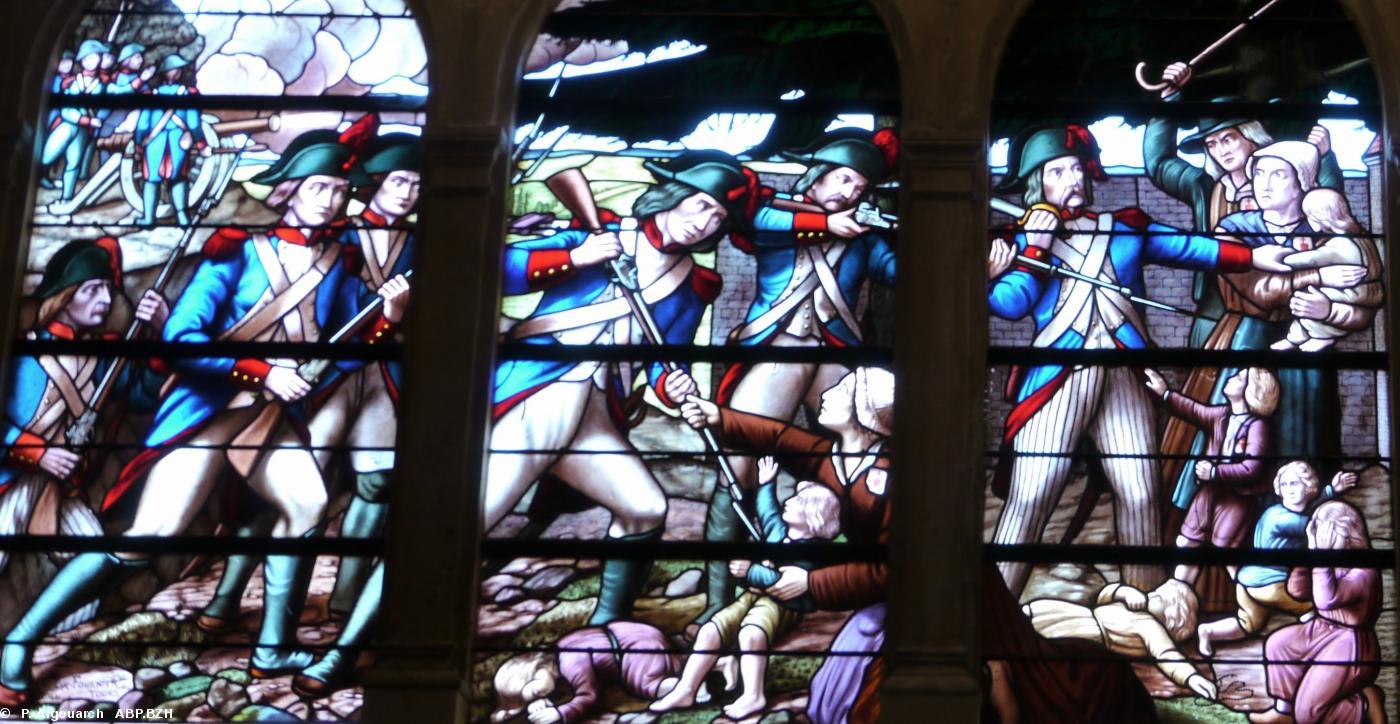 Massacre de femmes et d'enfants et autres crimes de guerre de la République dans la chapelle des Lucs-sur-Boulogne,  le 28 février 1794. Vitrail de Fournier (1902)