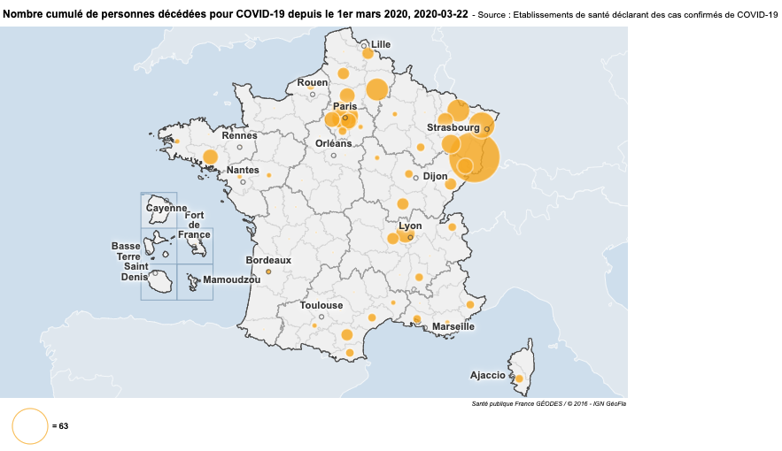 Nombre cumulé de personnes décédées pour COVID-19 depuis le 1er mars 20202020-03-22 Carte Santé publique santepubliquefrance.f