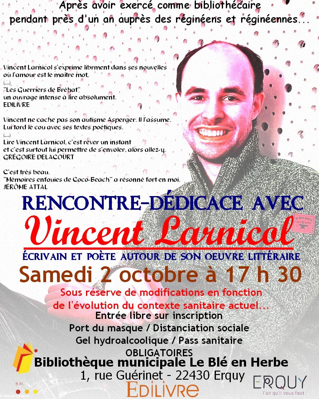 Affiche de Vincent Larnicol dédicace à la bibliothèque d'Erquy
