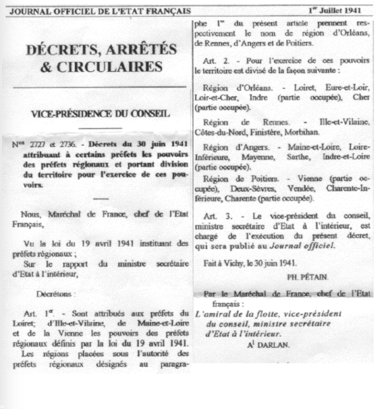 Decret Pétain-Darlan instituant des préfets de régions (1er juillet 1940)