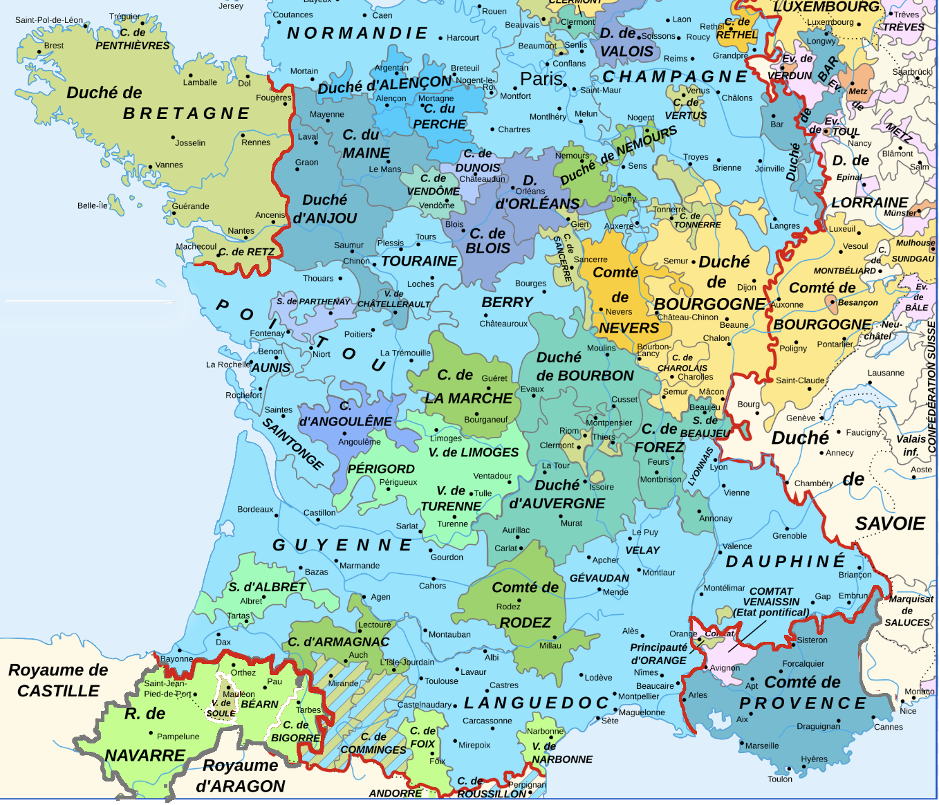 Carte des duchés et des royaumes en 1478 basée sur une carte wikipedia modifiée.  La ligne rouge délimite les possessions du roi de France. Ni le duché de Bretagne, ni  la Provence ne faisaient partie du royaume de France, donc cette carte a été rectifiée.