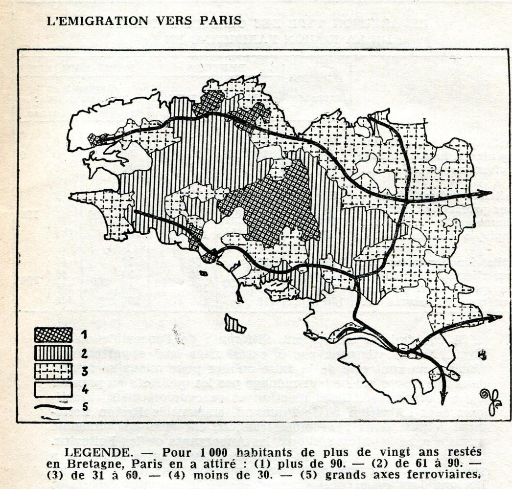 l\'affiche de la conférence reprend le graphisme de la couverture de l\'un des deux livres
L'émigration bretonne est déjà très forte dans le centre Bretagne dans les années 1930 (d'après l'abbé Elie Gautier)