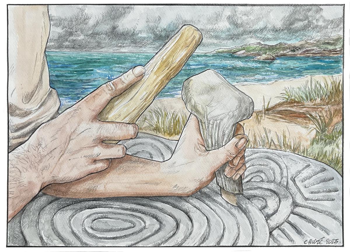 Illustration : dessin original de Christophe Houzé, professeur d'Arts Plastiques (dessin d'après photographie, inspiré des travaux d'expérimentation en archéologie de Marie Vourc'h et Cyrille Chaigneau)