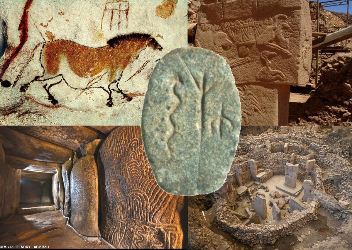 Grotte de Lascaux (en haut à gauche) ; Stèles (en haut à droite), pierre (au centre) et site de Göbekli Tepe (en bas à droite) ; Gravures de Gavrinis (en bas à gauche) : une sémiologie du sacré ?