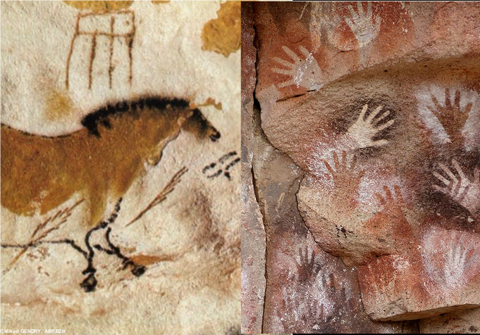 A droite : Cheval et forme quadrangulaire à Lascaux ; A droite : Mains négatives de la Cueva de las Manos (« Grotte des mains ») dans le canyon du río Pinturas (province de Santa Cruz, Argentine)