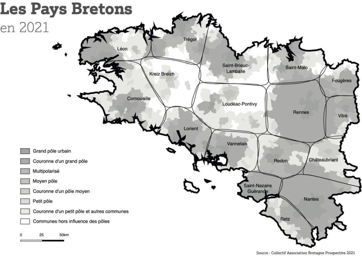 Carte des pays de Bretagne issue de l'ouvrage  Pays de Bretagne, racines de notre futur  réalisé par Bretagne Prospective.