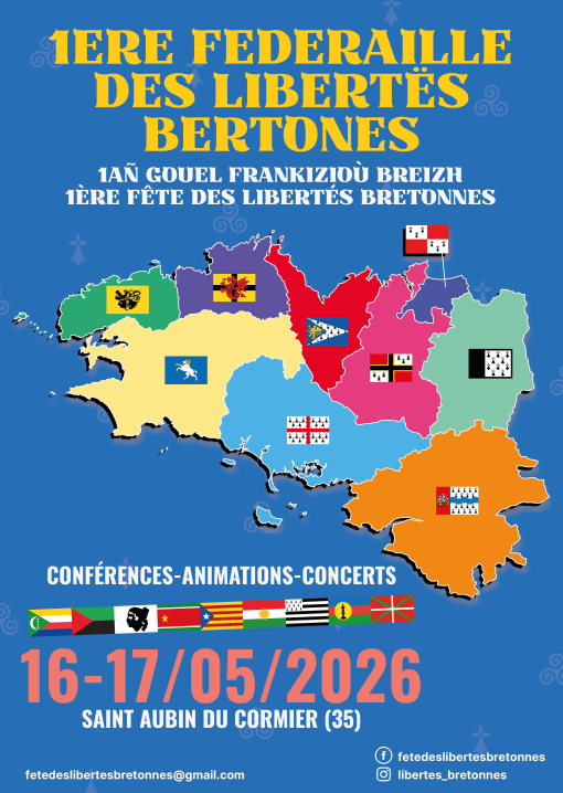 Affiche de la 1ère fête des libertés bretonnes
1ere Federaille des libertës bertones
1añ Gouel Frankizioù Breizh